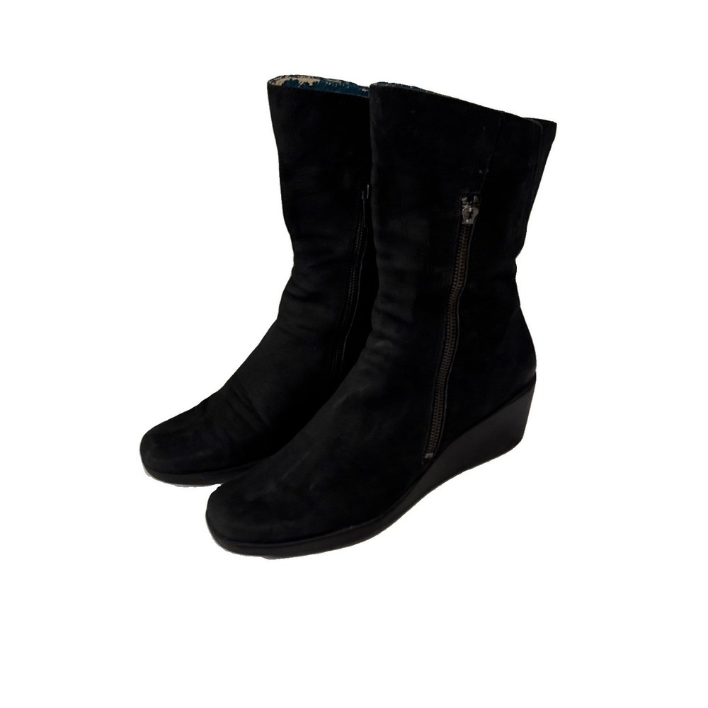 Kenneth Cole Womens 9 Suede Black Leather Boots 2" Wedge Heel Jane Event Zipper‎
